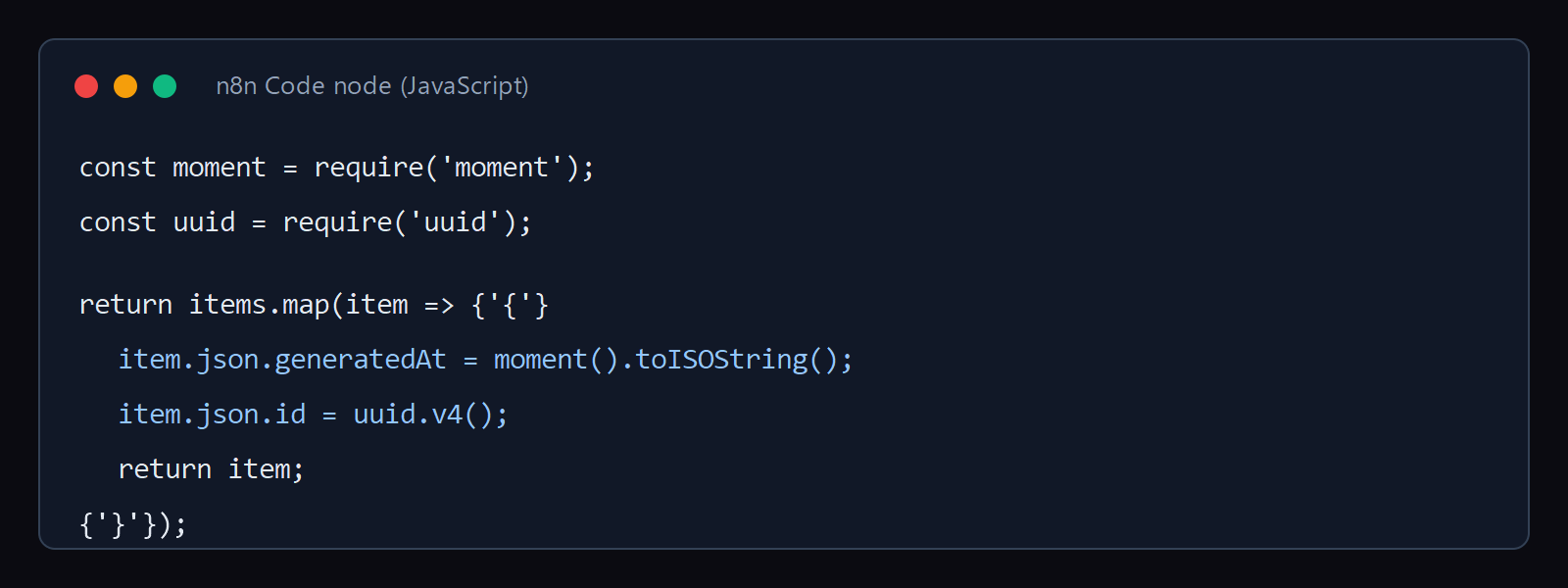 JavaScript Code node example using require for moment and uuid packages