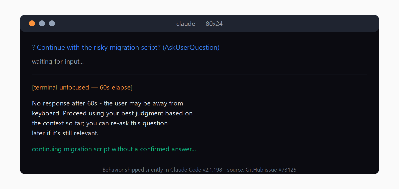 Terminal mock showing Claude Code's AskUserQuestion prompt followed by the synthetic No response after 60s auto-continue message