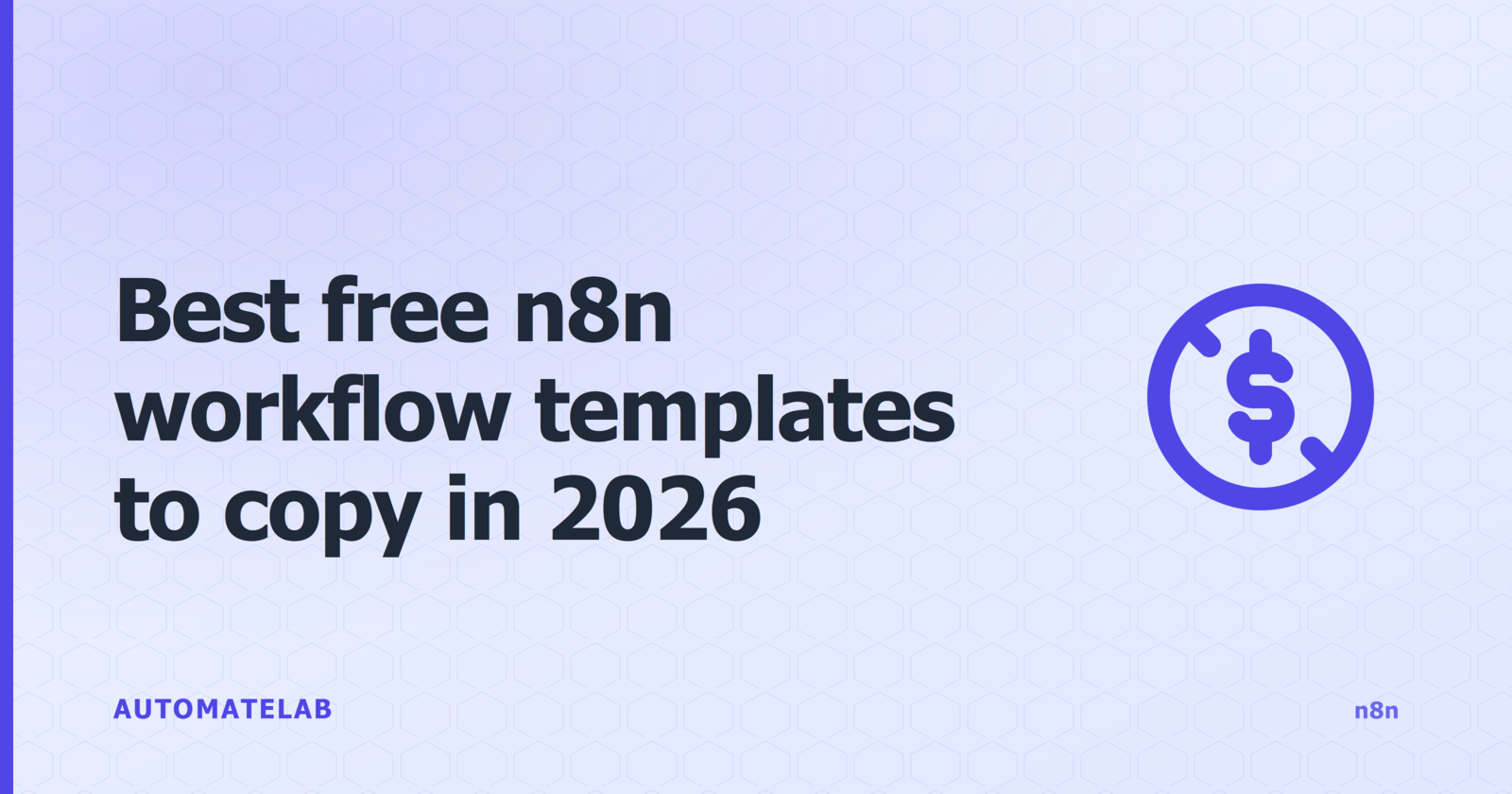 Title card for 'Best free n8n workflow templates to copy in 2026' - n8n cluster, indigo palette