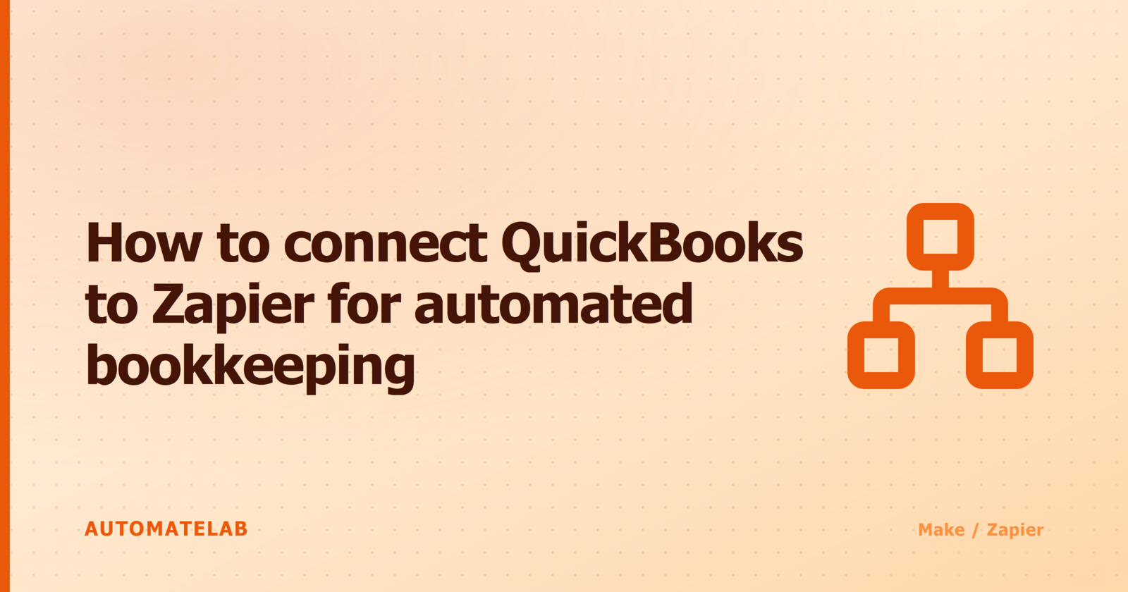 Title card for 'How to connect QuickBooks to Zapier for automated bookkeeping' - Make/Zapier cluster, orange palette