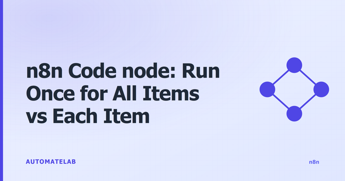 Decision diagram for picking the n8n Code node execution mode: Run Once for All Items uses $input.all() and returns an array; Run Once for Each Item uses $json and returns { json: ... }.