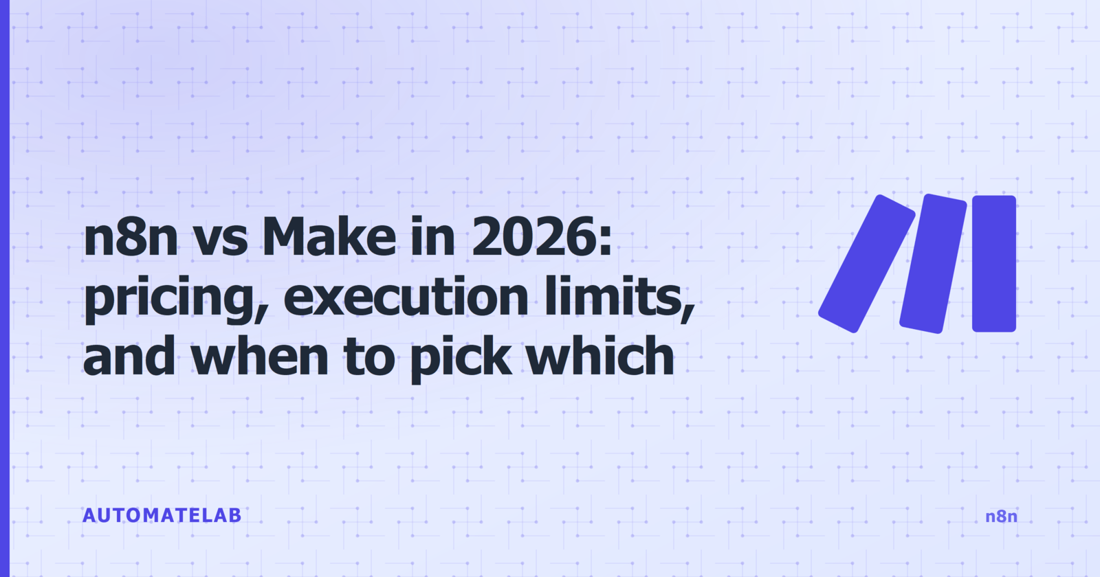 AutomateLab title card: n8n vs Make in 2026, pricing, execution limits, and when to pick which - on the n8n cluster palette