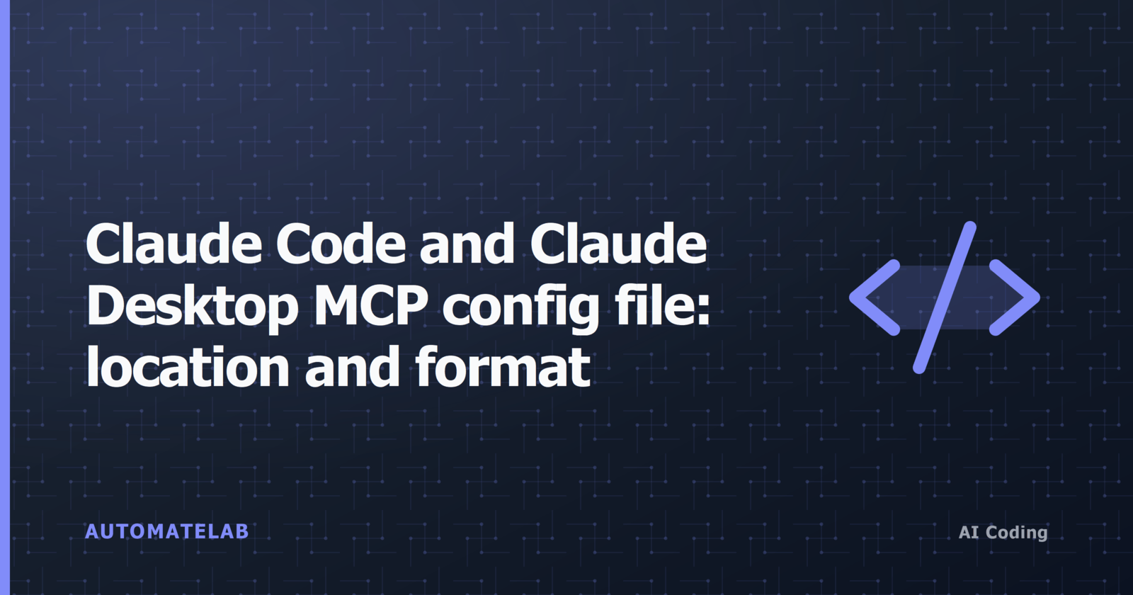 Title card: Claude Code and Claude Desktop MCP config file location and format, ai-coding cluster, circuit-traces background with code-duotone icon