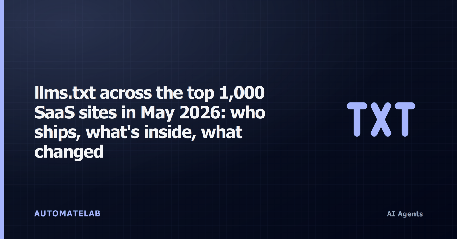 Title card: llms.txt SaaS adoption May 2026 landscape report on AI Agents cluster background