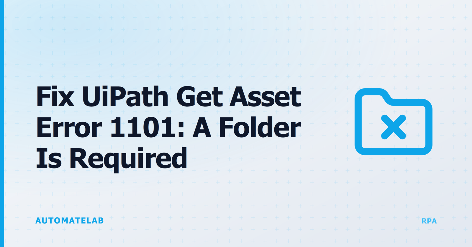 Title card for Fix UiPath Get Orchestrator Asset Error 1101 A Folder Is Required, with a folder error icon on the RPA palette.