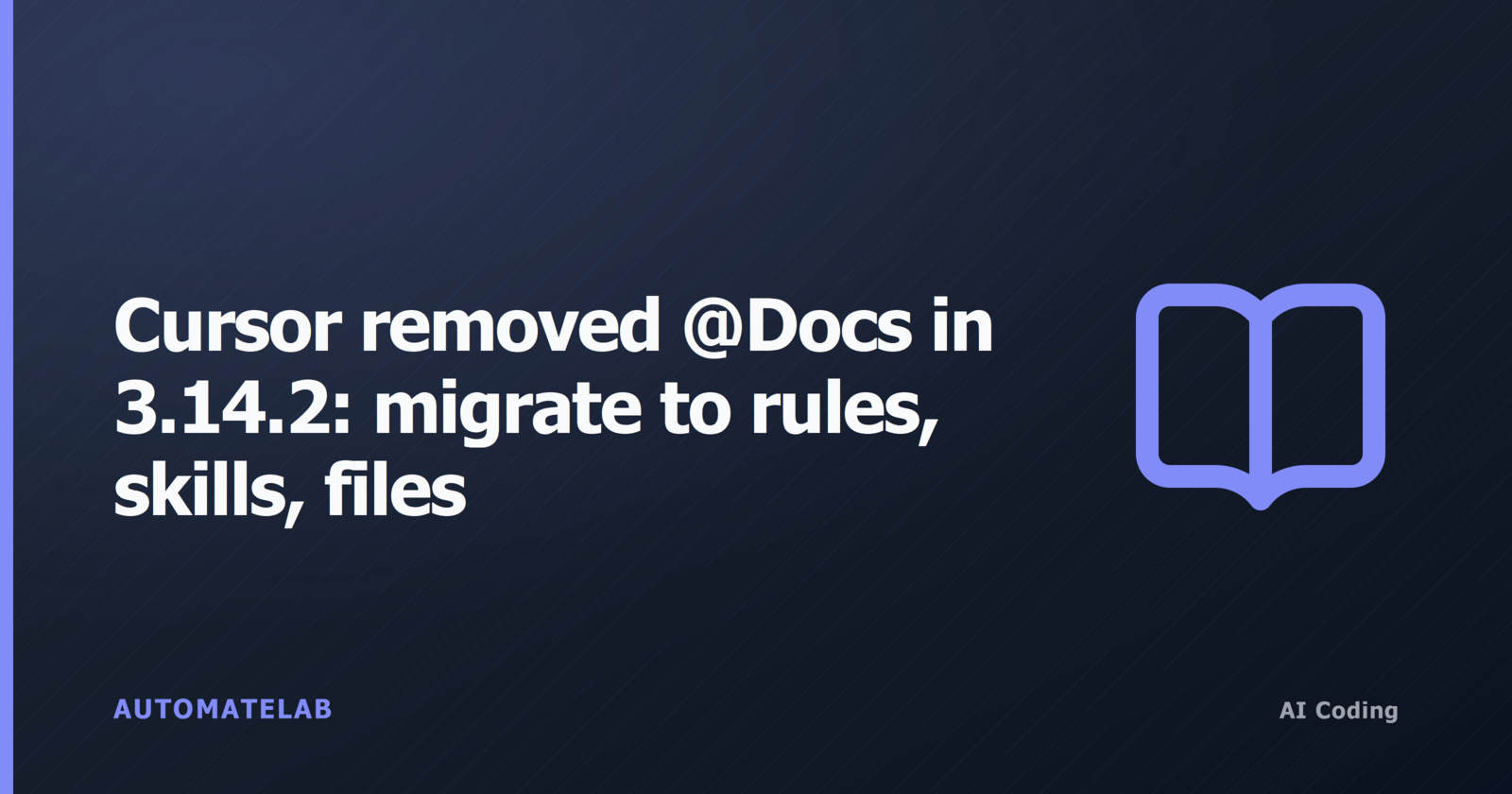 Title card for Cursor @Docs migration guide with headline on dark gradient, book icon, AutomateLab branding, AI Coding pill.