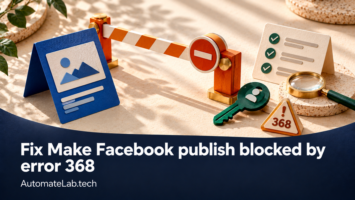 A blue social post stops at an orange barrier beside a permission key and inspection lens, above the exact title and AutomateLab.tech.